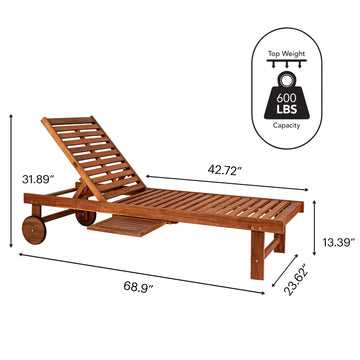 Seabrook Outdoor Acacia Wood Lounger with Cushion, 5-Position Back, Slide Table & Wheels - JONATHAN Y